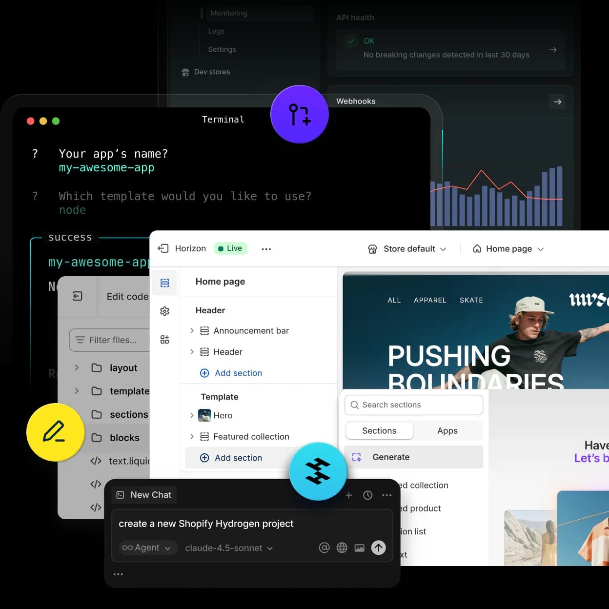 Entorno de desarrollo de Shopify: terminal creando una app, editor de tema Horizon, código y agente de IA